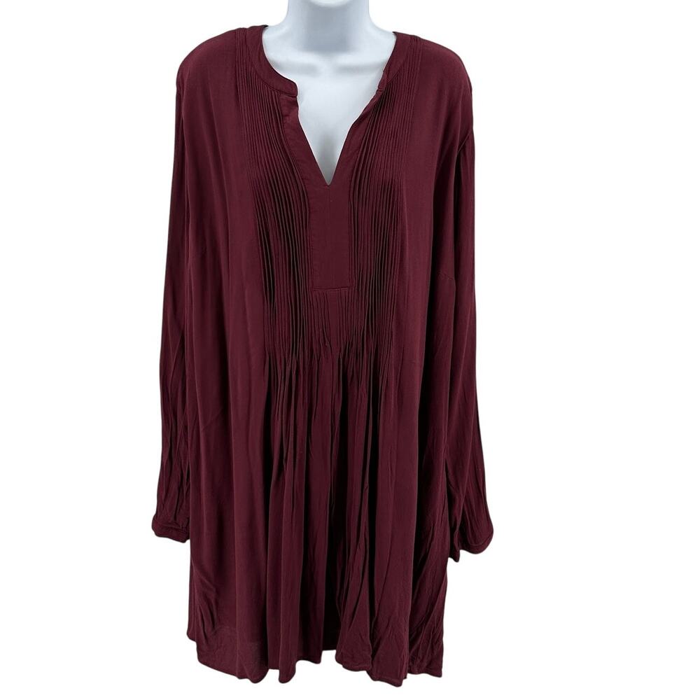 Old Navy Mini Dress WMNS XL Tall Pleated V-Neck Pintuck Burgundy Long Sleeves